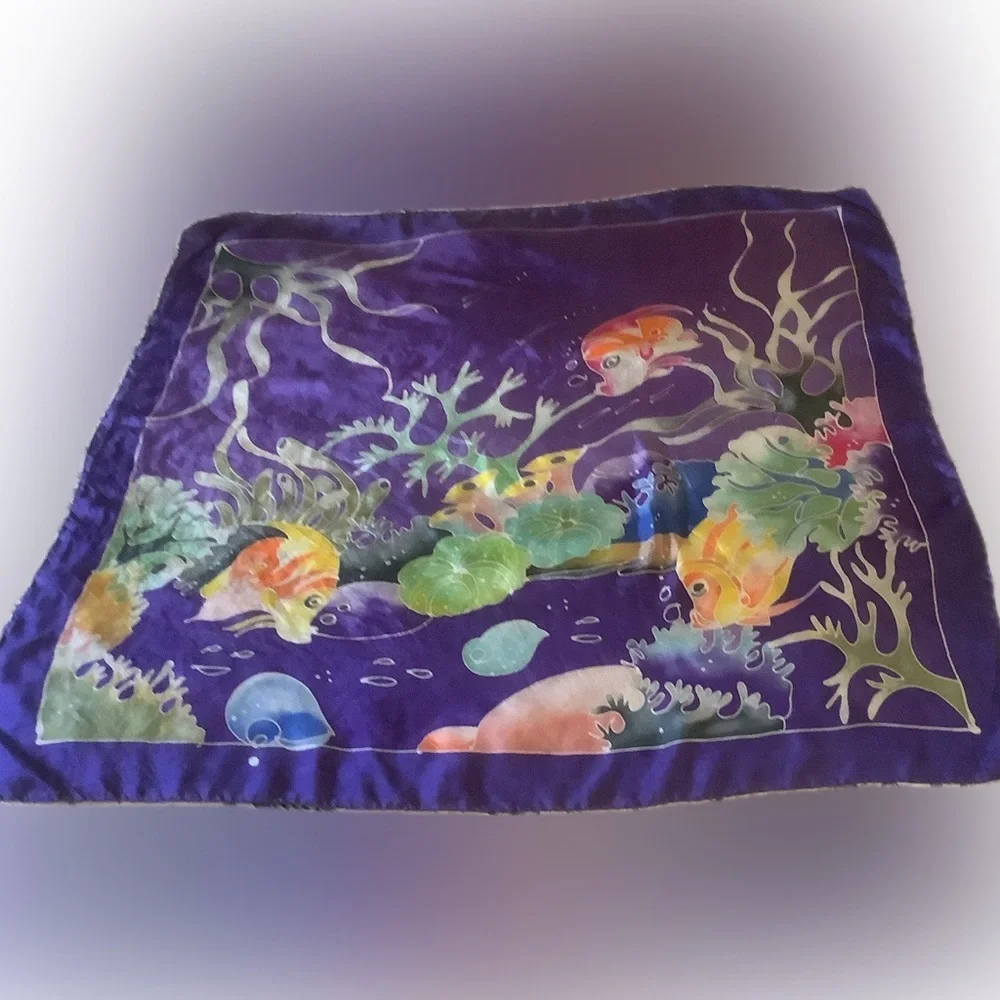 Purple Tropical Fish Design Hand Square Scarf